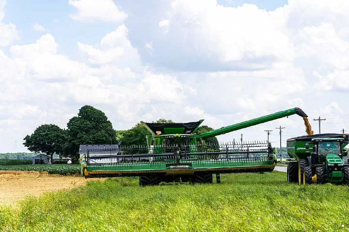 Mike Starkey harvests wheat on his field in Brownsburg, Indiana, June 28, 2021.
