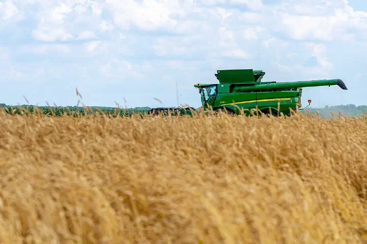 Mike Starkey harvests wheat on his field in Brownsburg, Indiana, June 28, 2021.