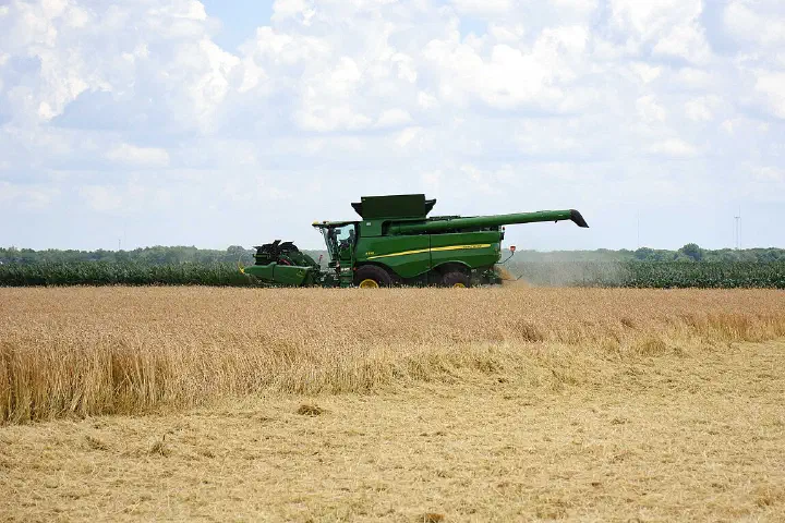 Farmer Mike Starkey harvests wheat in Brownsburg, Indiana, on June 28, 2021.
