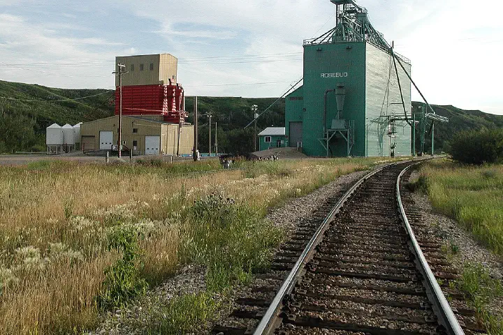 Canadian National Railway tracks leading to the Rosebud grain elevator in Alberta, July 19, 2003.