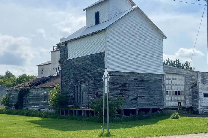 A grain elevator on East Third Avenue in Hewitt, Minnesota.