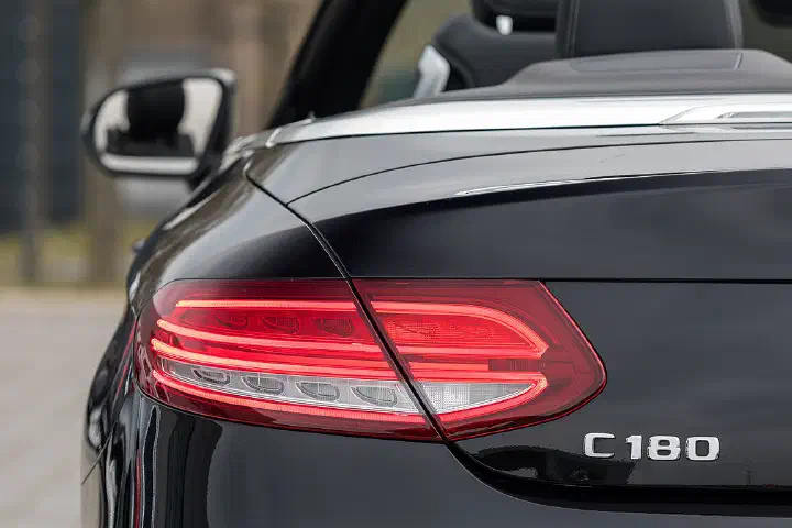 The rear light of a Mercedes-Benz C-Class convertible at a dealer in Münster, Germany.