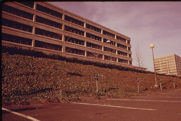 An empty parking lot in an urban renewal area of Portland during the fuel crisis, December 1973.