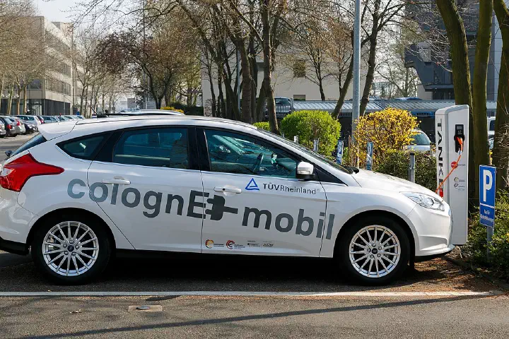An electric car charging point at the TÜV Rheinland headquarters in Cologne, Germany.