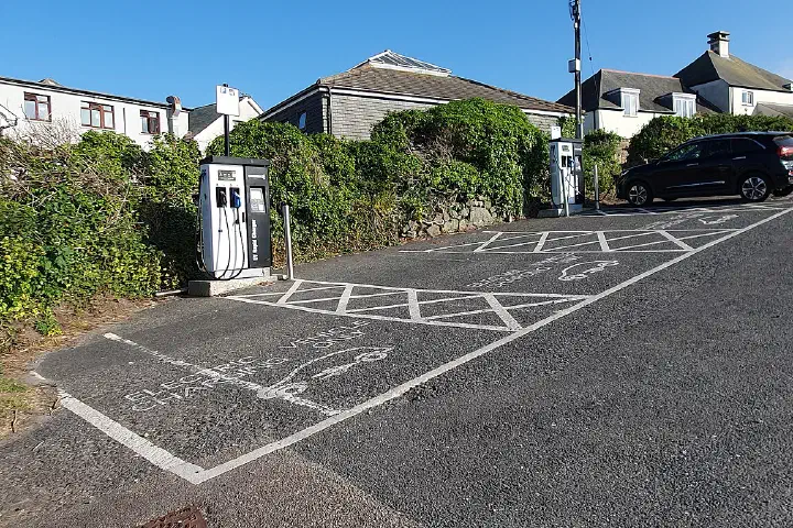 Electric car charging points at Trenwith car park, St Ives, Cornwall, May 2025.