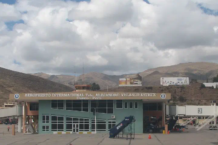 The terminal building of Alejandro Velasco Astete International Airport, seen from the runway.