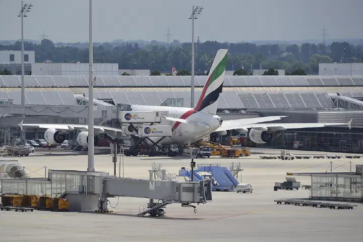 An Emirates Airbus A380 at Terminal 1 of Munich Airport, May 2012.