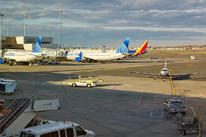 Planes on the tarmac at Logan International Airport's Terminal B, Boston, 2022.