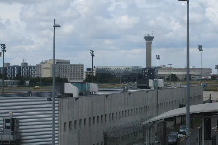 The air traffic control tower at Paris-Charles de Gaulle Airport in Roissy-en-France.