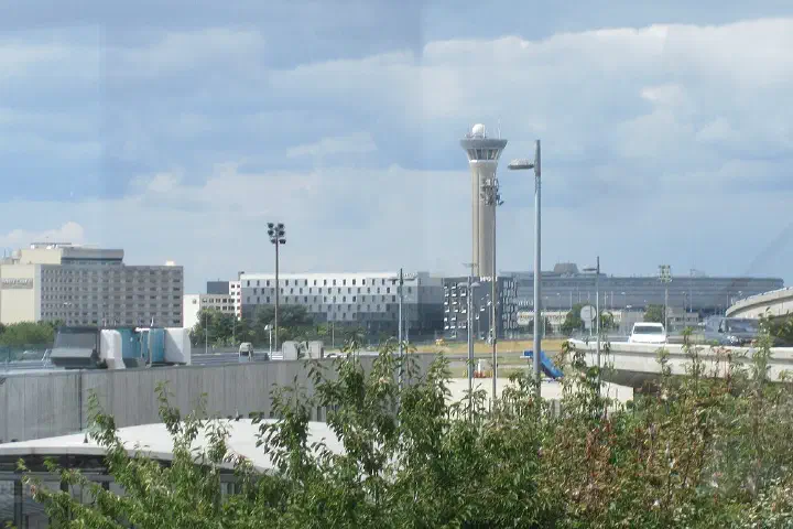The air traffic control tower at Paris-Charles de Gaulle Airport in Roissy-en-France.