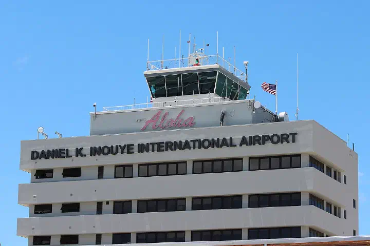 The main air traffic control tower of the Daniel K. Inouye International Airport (HNL) in 2025.