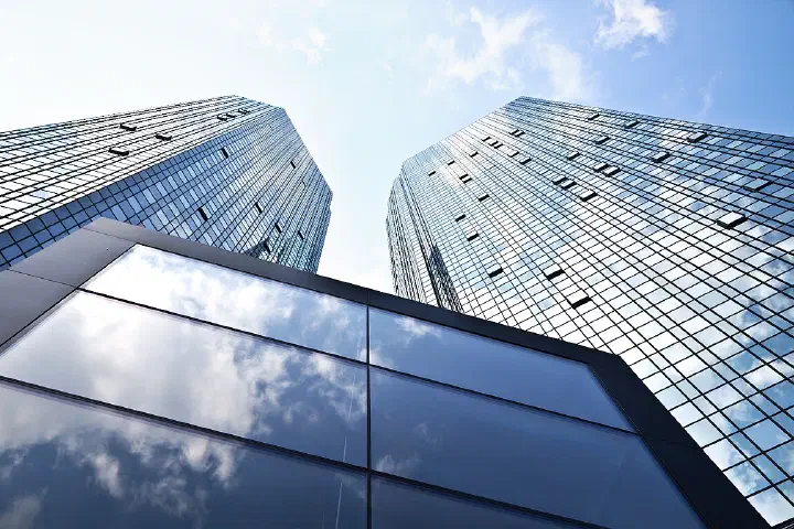 The Deutsche Bank twin towers in Frankfurt, Germany.