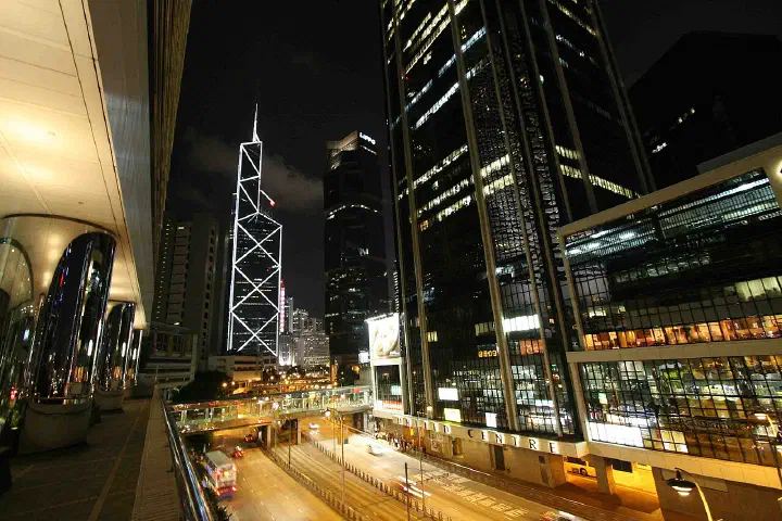 The Bank of China Tower at night, Hong Kong.