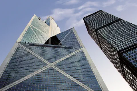The prism-like façade of the 367.4-metre Bank of China Tower in Hong Kong, designed by I.M. Pei.
