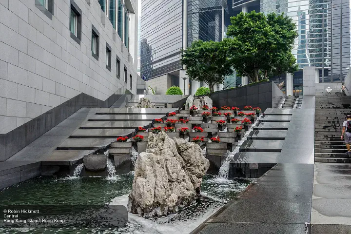 Water features outside the Bank of China Tower.