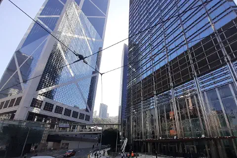 Des Voeux Road Central, Hong Kong, seen from a tram, November 2021.