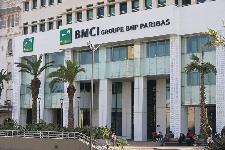 A detail of the façade of the headquarters of BMCI (Banque marocaine pour le commerce et l'industrie), part of the BNP Paribas group.