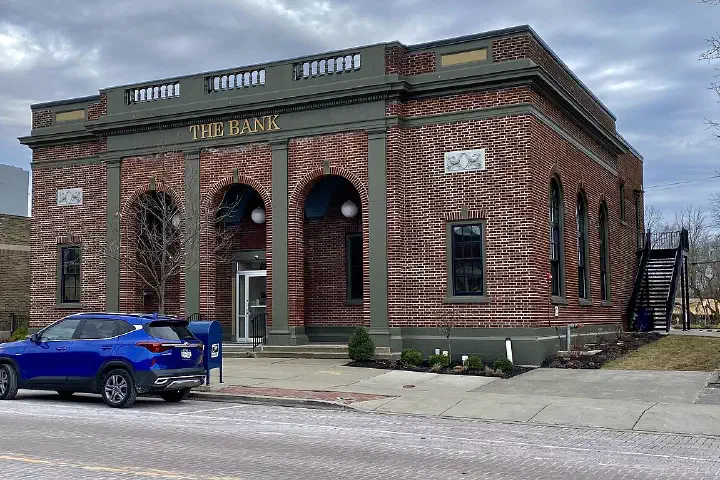 The former Bank of East Aurora building at 649 Main Street in East Aurora, New York, February 2023.