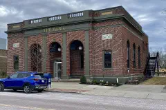 The former Bank of East Aurora building at 649 Main Street in East Aurora, New York, February 2023.