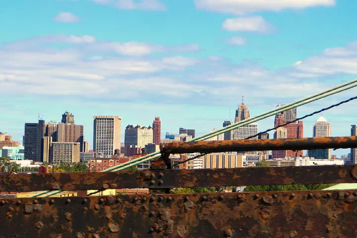 The Ambassador Bridge, a suspension bridge connecting Detroit, Michigan.