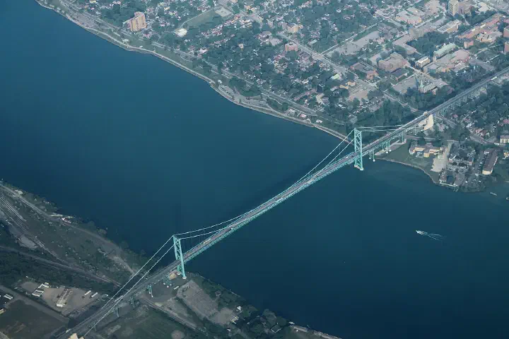 The Ambassador Bridge between Detroit and Windsor.