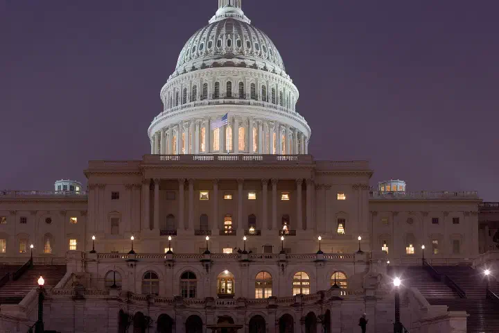 The U.S. Capitol at night.