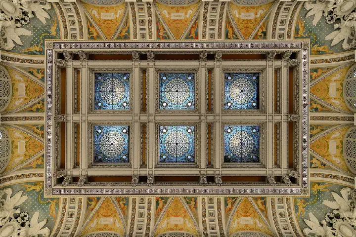 A glass window in the ceiling of the Great Hall of the Library of Congress.