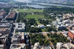 Aerial view of President's Park in Washington, D.C. encompassing Lafayette Square (foreground), the White House, and the Ellipse