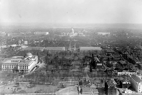An eastward view of the National Mall from the top of the Washington Monument, between 1916 and 1918.