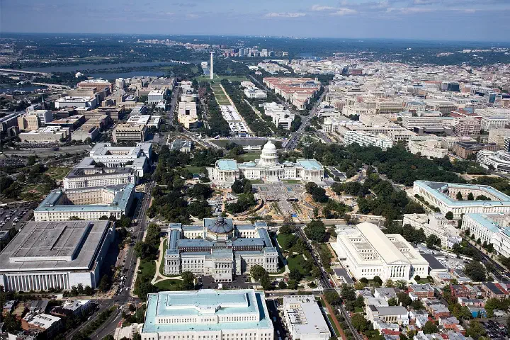 Aerial view (looking west) of Capitol Hill and the National Mall in Washington
