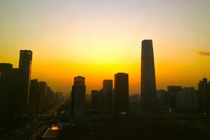 Beijing's central business district at sunset.
