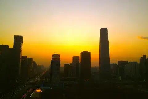 Beijing's central business district at sunset.