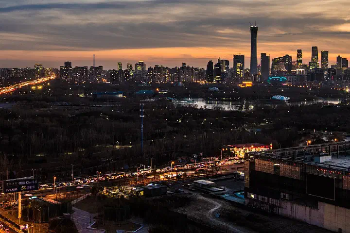 Beijing skyline from northeast 4th ring road of Beijing CBD, Chaoyang Park, and east 4th ring road at dusk
