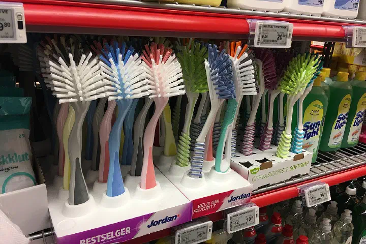 Dish brushes for sale at a Coop Extra supermarket in Bergen, Norway.