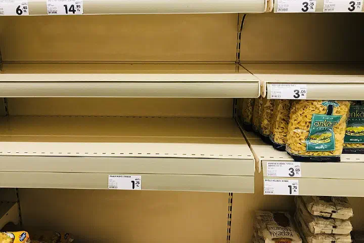 Empty pasta shelves at a supermarket during COVID-19 pandemic in Izmir
