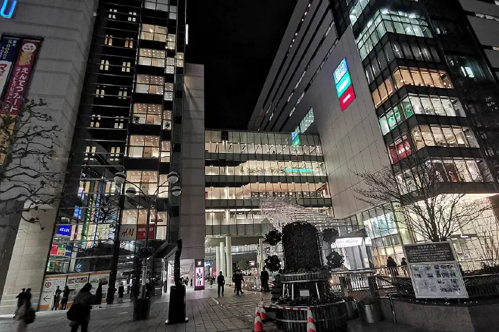The Entetsu Department Store at night.