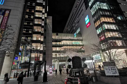 The Entetsu Department Store at night.