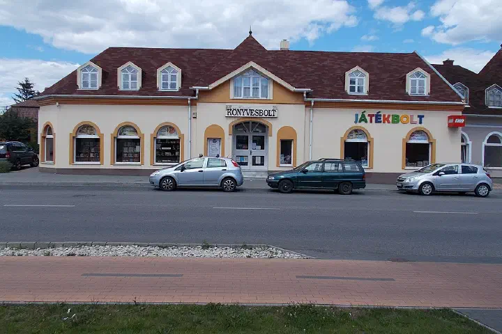 A bookshop and toy shop at 129 Kossuth Lajos Street, Nyergesújfalu, Hungary.
