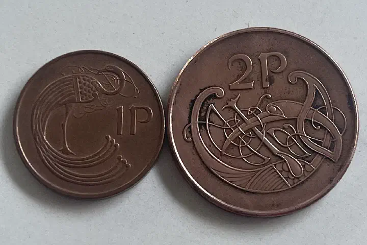 British 1p and 2p coins.
