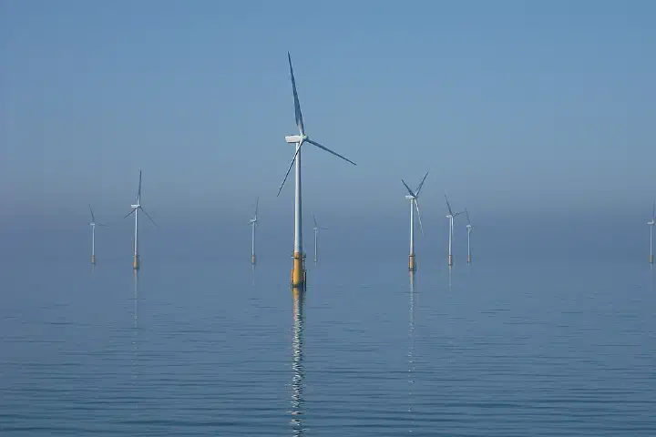 Offshore wind turbines at the Barrow Offshore Wind Farm off Walney Island in the Irish Sea.