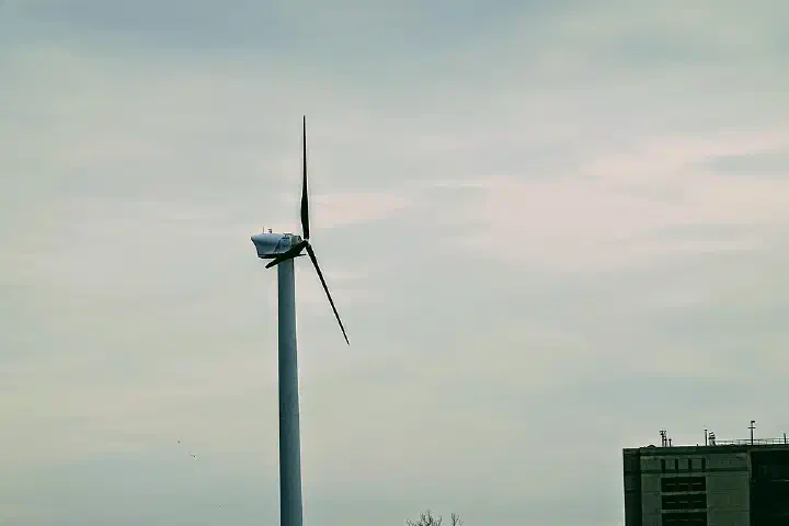 A wind turbine at SIMS Metal Management in Sunset Park, Brooklyn, looking east-southeast.
