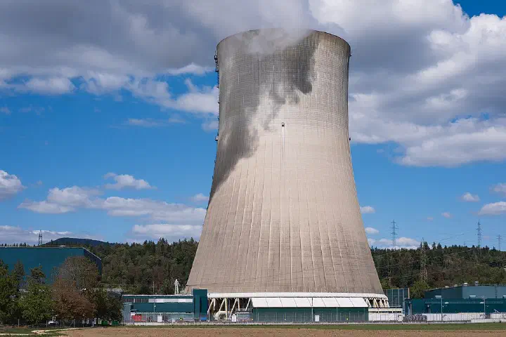 A close view of a cooling tower at the Gösgen nuclear power plant.