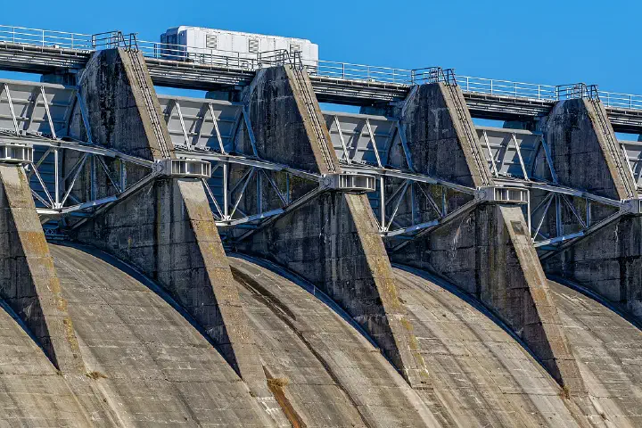 A close-up of Douglas Dam, a Tennessee Valley Authority hydroelectric dam on the French Broad River in Sevier County, Tennessee.