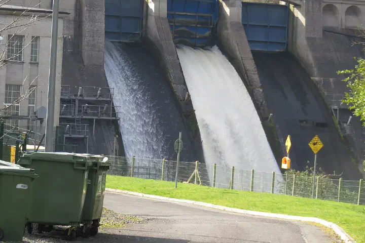 View of the Sluice Gates at Hydroelectric Dam, Leixlip with one and a half of the sluices open