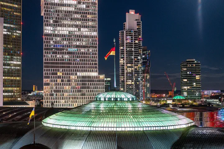 The Frankfurt skyline at night.
