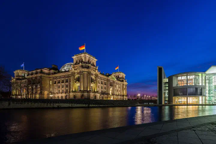 The Reichstag and the Paul-Löbe-Haus in Berlin's government quarter.