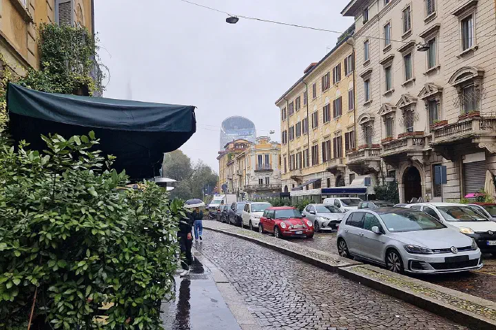 A street in Milan leading toward Porta Nuova.