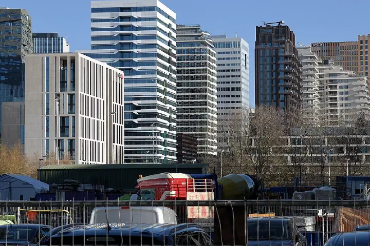 Part of the skyline of the Amsterdam business district Zuidas in 2021.