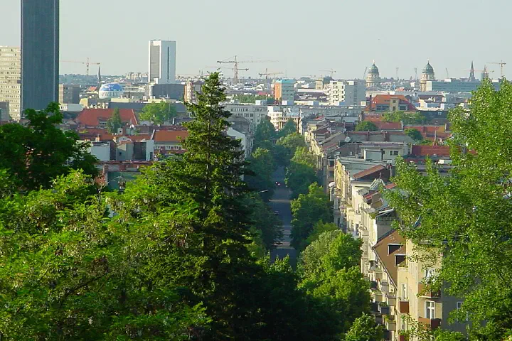 The skyline of Berlin, from the Viktoriapark.