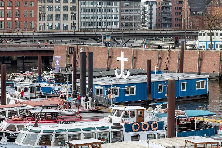 A riverboat church in the inland harbour, Hamburg.
